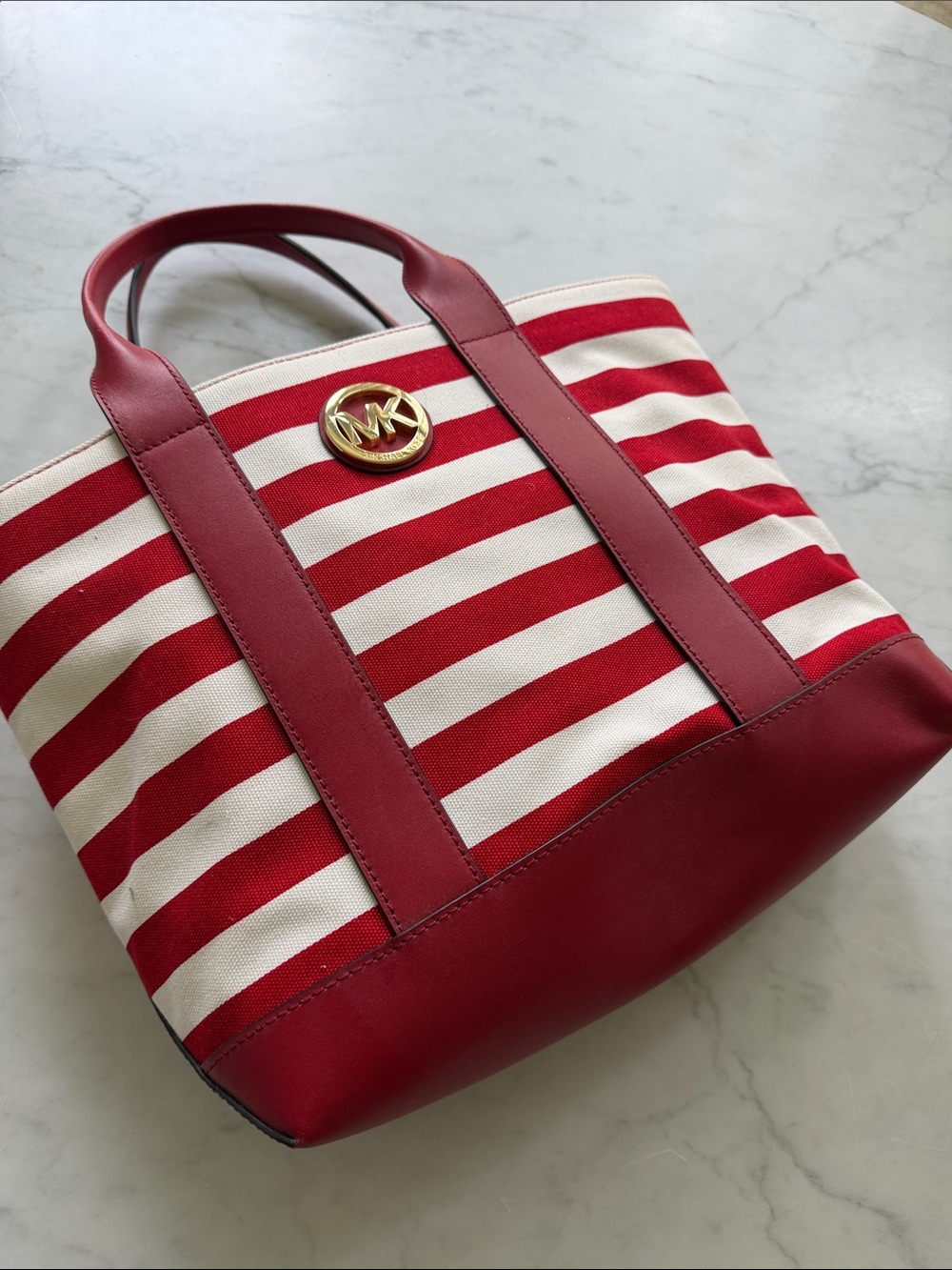Michael Kors Red and White Striped Canvas Tote with Gold MK Logo